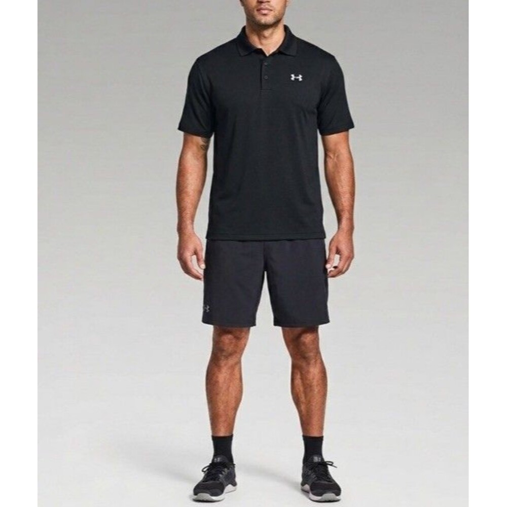 Under Armour Polo Shirt Mens Sz M Black HeatGear Loose Fit Short Sleeve Golf